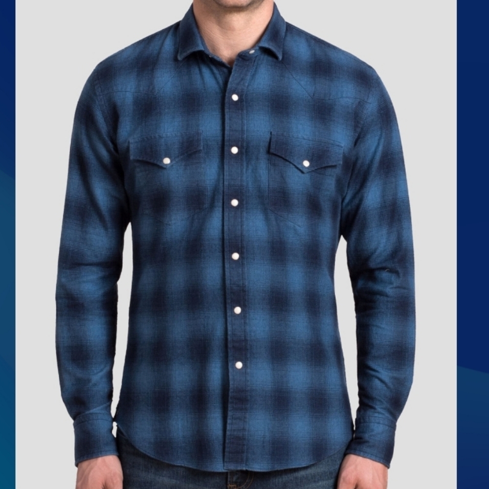 Age of Wisdom (Size L) Men's Blue & Black Ombre Plaid Snap Button Down Shirt